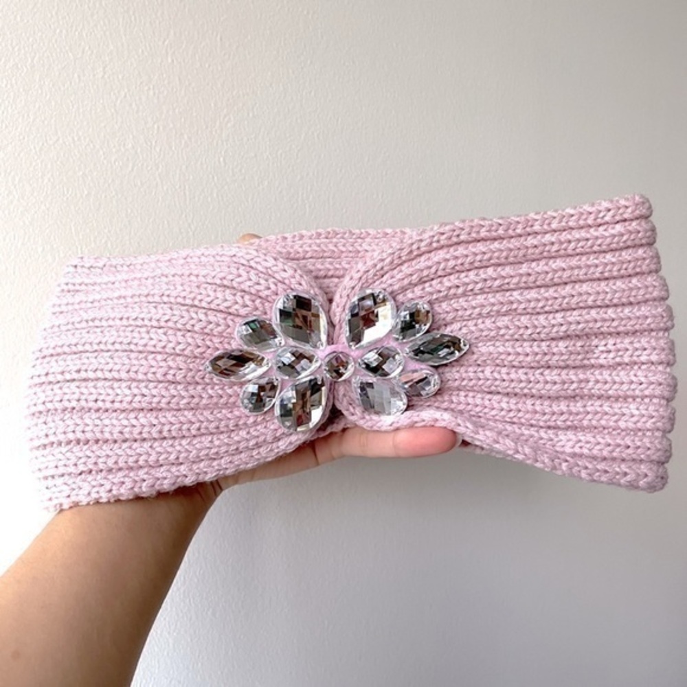 Pink Knitted Headband w Rhinestone Decor | Hand Crafted | New | One Size